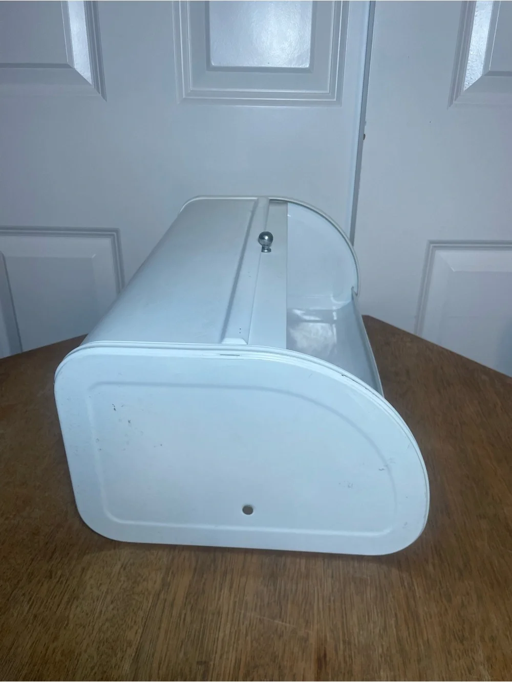 White Metal Roll Top Bread Box Blue Lettering Farmhouse Kitchen Storage